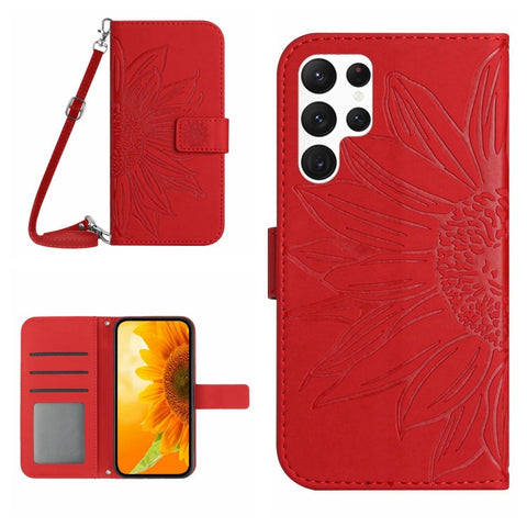 Skin Feel Sun Flower Embossed Flip Leather Phone Case with Lanyard, For Samsung Galaxy S25+ 5G, For Samsung Galaxy S25 Ultra 5G, For Samsung Galaxy S24 FE