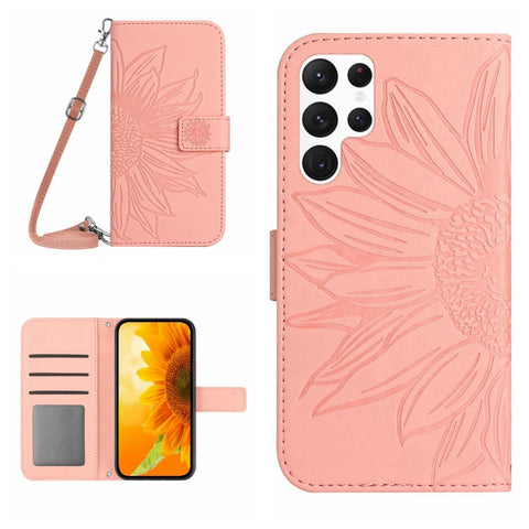Skin Feel Sun Flower Embossed Flip Leather Phone Case with Lanyard, For Samsung Galaxy S25+ 5G, For Samsung Galaxy S25 Ultra 5G, For Samsung Galaxy S24 FE