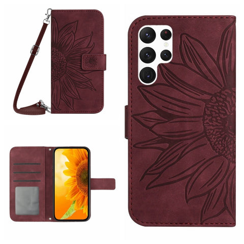 Skin Feel Sun Flower Embossed Flip Leather Phone Case with Lanyard, For Samsung Galaxy S25+ 5G, For Samsung Galaxy S25 Ultra 5G, For Samsung Galaxy S24 FE
