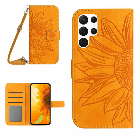 Skin Feel Sun Flower Embossed Flip Leather Phone Case with Lanyard, For Samsung Galaxy S25+ 5G, For Samsung Galaxy S25 Ultra 5G, For Samsung Galaxy S24 FE