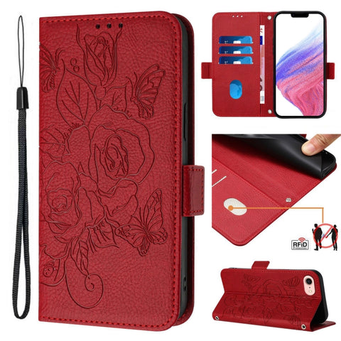 Embossed Rose RFID Anti-theft Leather Phone Case, For iPhone 14 Pro Max, For iPhone SE 2022 / SE 2020 / 8 / 7, For iPhone 13 Pro Max, For iPhone 13 Pro, For iPhone 13 mini, For iPhone 12  / 12 Pro, For iPhone 12 Pro Max, For iPhone 12 mini