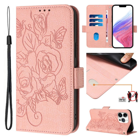 Embossed Rose RFID Anti-theft Leather Phone Case, For iPhone 14 Pro Max, For iPhone SE 2022 / SE 2020 / 8 / 7, For iPhone 13 Pro Max, For iPhone 13 Pro, For iPhone 13 mini, For iPhone 12  / 12 Pro, For iPhone 12 Pro Max, For iPhone 12 mini