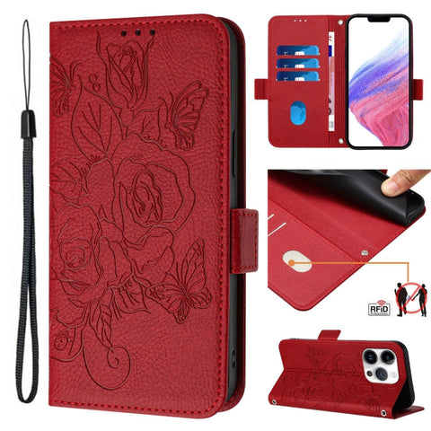 Embossed Rose RFID Anti-theft Leather Phone Case, For iPhone 18 Pro / 17 Pro, For iPhone 18 Pro Max / 17 Pro Max, For iPhone 17, For iPhone Air, For iPhone SE 2024, For iPhone 16 Pro Max, For iPhone 16 Pro, For iPhone 16 Plus