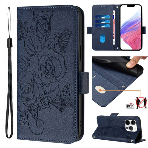 Embossed Rose RFID Anti-theft Leather Phone Case, For iPhone 18 Pro / 17 Pro, For iPhone 18 Pro Max / 17 Pro Max, For iPhone 17, For iPhone Air, For iPhone SE 2024, For iPhone 16 Pro Max, For iPhone 16 Pro, For iPhone 16 Plus