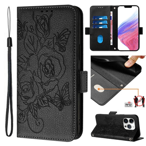 Embossed Rose RFID Anti-theft Leather Phone Case, For iPhone 18 Pro / 17 Pro, For iPhone 18 Pro Max / 17 Pro Max, For iPhone 17, For iPhone Air, For iPhone SE 2024, For iPhone 16 Pro Max, For iPhone 16 Pro, For iPhone 16 Plus