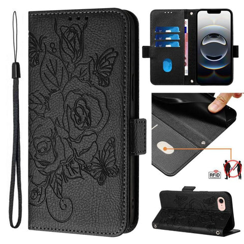 Embossed Rose RFID Anti-theft Leather Phone Case, For iPhone 18 Pro / 17 Pro, For iPhone 18 Pro Max / 17 Pro Max, For iPhone 17, For iPhone Air, For iPhone SE 2024, For iPhone 16 Pro Max, For iPhone 16 Pro, For iPhone 16 Plus