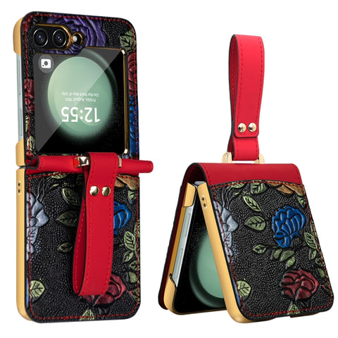 VIETAO Integrated Embossed Pattern Full Coverage Phone Case with Wrist Strap, For Galaxy Z Flip8 5G, For Samsung Galaxy Z Flip7, For Samsung Galaxy Z Flip6, For Samsung Galaxy Z Flip5
