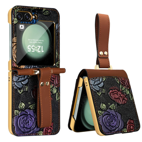 VIETAO Integrated Embossed Pattern Full Coverage Phone Case with Wrist Strap, For Galaxy Z Flip8 5G, For Samsung Galaxy Z Flip7, For Samsung Galaxy Z Flip6, For Samsung Galaxy Z Flip5