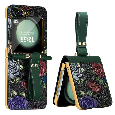 VIETAO Integrated Embossed Pattern Full Coverage Phone Case with Wrist Strap, For Galaxy Z Flip8 5G, For Samsung Galaxy Z Flip7, For Samsung Galaxy Z Flip6, For Samsung Galaxy Z Flip5