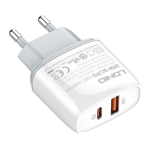 LDNIO Q229 QC3.0 / PD20W USB + Type-C Fast Charger with 1m USB to 8 Pin Cable, EU Plug, UK Plug, US Plug