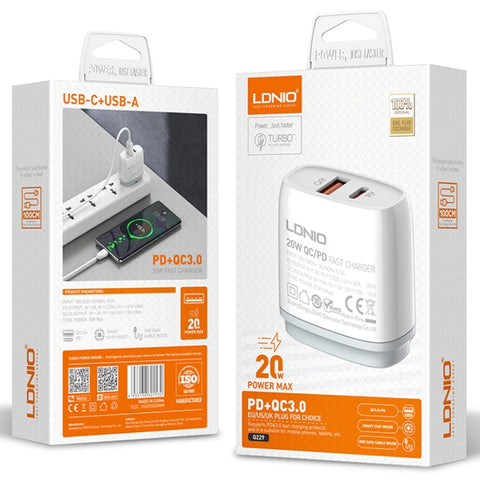 LDNIO Q229 QC3.0 / PD20W USB + Type-C Fast Charger with 1m USB to 8 Pin Cable, EU Plug, UK Plug, US Plug