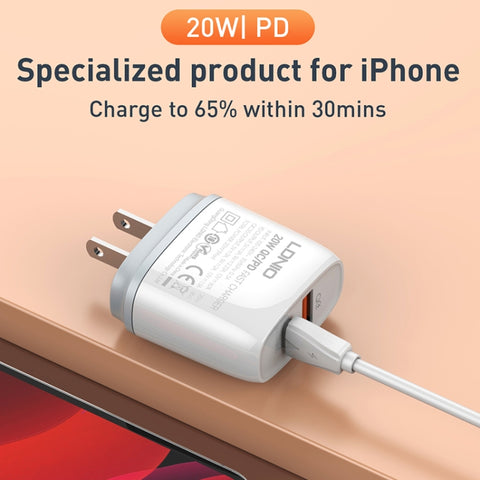 LDNIO Q229 QC3.0 / PD20W USB + Type-C Fast Charger with 1m USB to 8 Pin Cable, EU Plug, UK Plug, US Plug