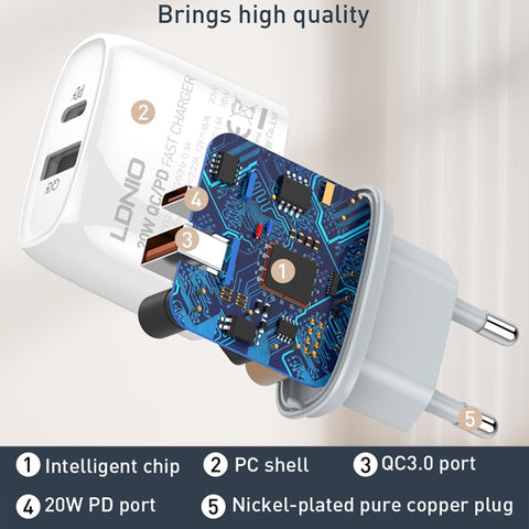 LDNIO Q229 QC3.0 / PD20W USB + Type-C Fast Charger with 1m USB to 8 Pin Cable, EU Plug, UK Plug, US Plug