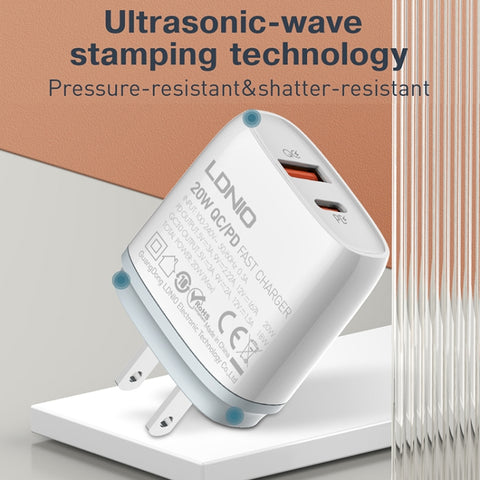 LDNIO Q229 QC3.0 / PD20W USB + Type-C Fast Charger with 1m USB to 8 Pin Cable, EU Plug, UK Plug, US Plug