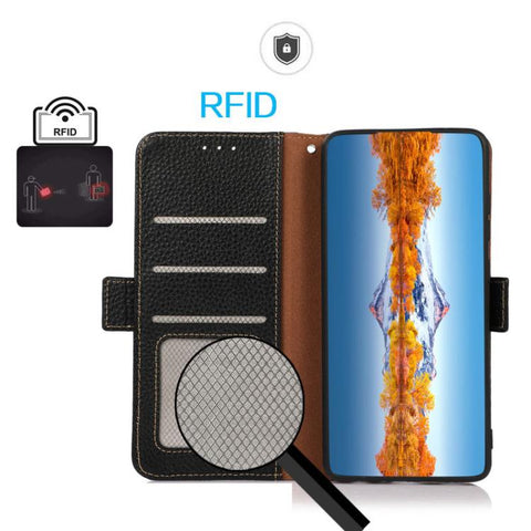 KHAZNEH Side-Magnetic Litchi Genuine Leather RFID Phone Case, For Samsung Galaxy A37 5G, For Samsung Galaxy A27 5G, For Samsung Galaxy A07 5G, For Samsung Galaxy A17 5G/A18 5G, For Samsung Galaxy A56 5G, For Samsung Galaxy A26 5G, For Samsung Galaxy A3...