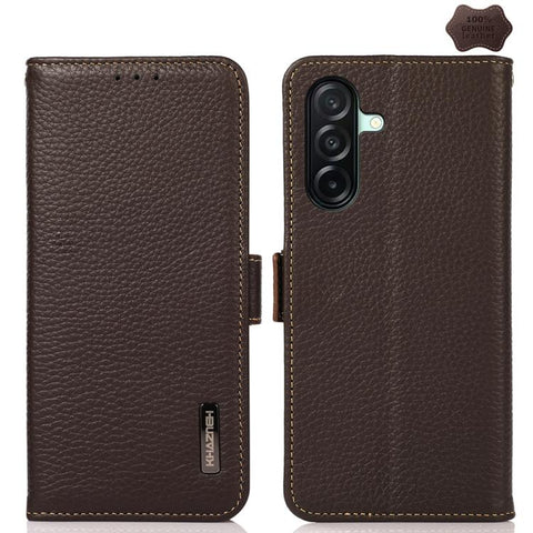 KHAZNEH Side-Magnetic Litchi Genuine Leather RFID Phone Case, For Samsung Galaxy A37 5G, For Samsung Galaxy A27 5G, For Samsung Galaxy A07 5G, For Samsung Galaxy A17 5G/A18 5G, For Samsung Galaxy A56 5G, For Samsung Galaxy A26 5G, For Samsung Galaxy A3...