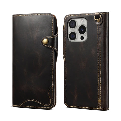 Denior B01 Oil Wax Cowhide Magnetic Button Genuine Leather Case, For iPhone 17e / 16e, For iPhone 16 Pro Max, For iPhone 16 Pro, For iPhone 16 Plus, For iPhone 16