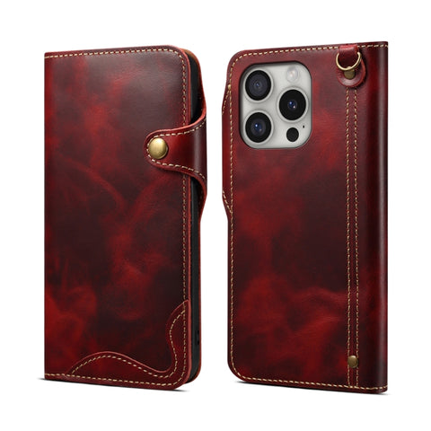 Denior B01 Oil Wax Cowhide Magnetic Button Genuine Leather Case, For iPhone 17e / 16e, For iPhone 16 Pro Max, For iPhone 16 Pro, For iPhone 16 Plus, For iPhone 16