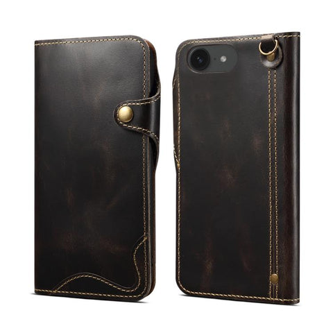 Denior B01 Oil Wax Cowhide Magnetic Button Genuine Leather Case, For iPhone 17e / 16e, For iPhone 16 Pro Max, For iPhone 16 Pro, For iPhone 16 Plus, For iPhone 16