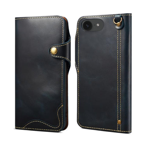 Denior B01 Oil Wax Cowhide Magnetic Button Genuine Leather Case, For iPhone 17e / 16e, For iPhone 16 Pro Max, For iPhone 16 Pro, For iPhone 16 Plus, For iPhone 16