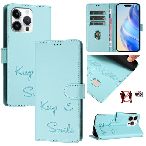 Smile Embossing RFID Leather Phone Case, For iPhone 18 Pro / 17 Pro, For iPhone 18 Pro Max / 17 Pro Max, For iPhone 17, For iPhone Air, For iPhone SE 2024, For iPhone 16 Pro Max, For iPhone 16 Pro, For iPhone 16 Plus