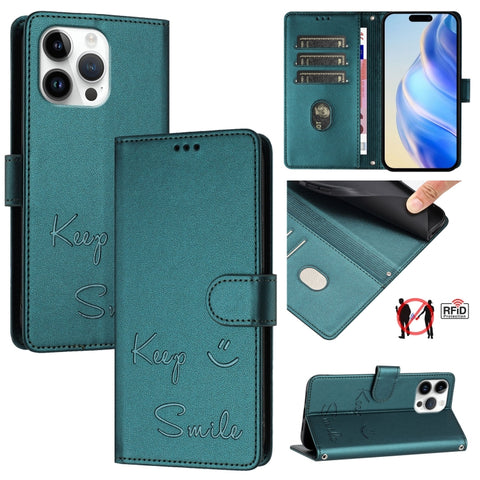 Smile Embossing RFID Leather Phone Case, For iPhone 18 Pro / 17 Pro, For iPhone 18 Pro Max / 17 Pro Max, For iPhone 17, For iPhone Air, For iPhone SE 2024, For iPhone 16 Pro Max, For iPhone 16 Pro, For iPhone 16 Plus