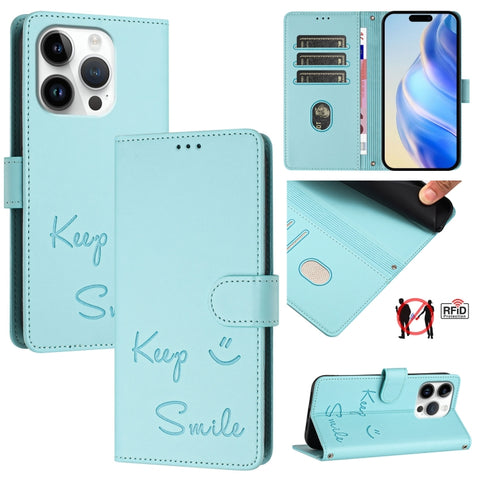 Smile Embossing RFID Leather Phone Case, For iPhone 18 Pro / 17 Pro, For iPhone 18 Pro Max / 17 Pro Max, For iPhone 17, For iPhone Air, For iPhone SE 2024, For iPhone 16 Pro Max, For iPhone 16 Pro, For iPhone 16 Plus
