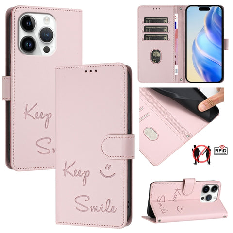 Smile Embossing RFID Leather Phone Case, For iPhone 18 Pro / 17 Pro, For iPhone 18 Pro Max / 17 Pro Max, For iPhone 17, For iPhone Air, For iPhone SE 2024, For iPhone 16 Pro Max, For iPhone 16 Pro, For iPhone 16 Plus