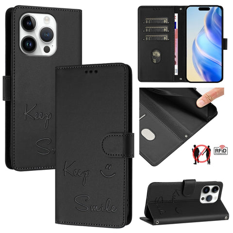 Smile Embossing RFID Leather Phone Case, For iPhone 18 Pro / 17 Pro, For iPhone 18 Pro Max / 17 Pro Max, For iPhone 17, For iPhone Air, For iPhone SE 2024, For iPhone 16 Pro Max, For iPhone 16 Pro, For iPhone 16 Plus