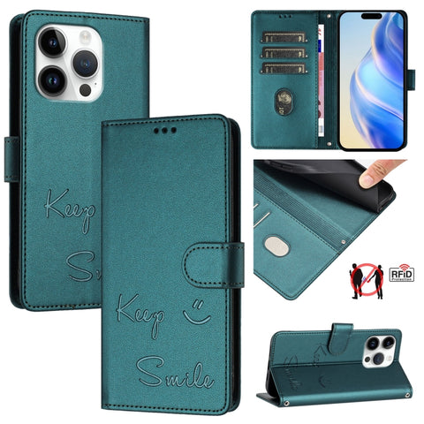 Smile Embossing RFID Leather Phone Case, For iPhone 18 Pro / 17 Pro, For iPhone 18 Pro Max / 17 Pro Max, For iPhone 17, For iPhone Air, For iPhone SE 2024, For iPhone 16 Pro Max, For iPhone 16 Pro, For iPhone 16 Plus