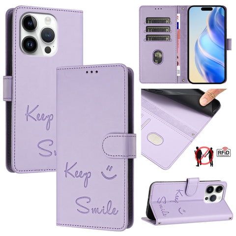 Smile Embossing RFID Leather Phone Case, For iPhone 18 Pro / 17 Pro, For iPhone 18 Pro Max / 17 Pro Max, For iPhone 17, For iPhone Air, For iPhone SE 2024, For iPhone 16 Pro Max, For iPhone 16 Pro, For iPhone 16 Plus