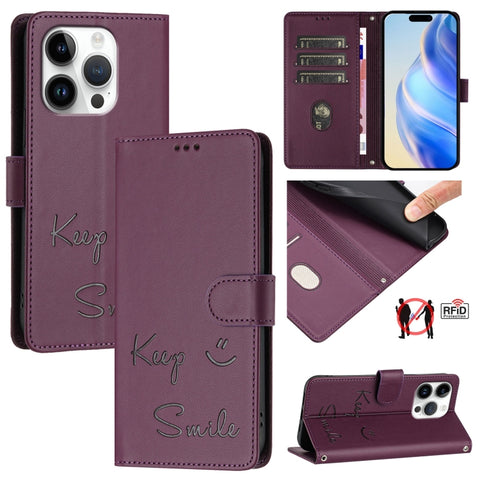 Smile Embossing RFID Leather Phone Case, For iPhone 18 Pro / 17 Pro, For iPhone 18 Pro Max / 17 Pro Max, For iPhone 17, For iPhone Air, For iPhone SE 2024, For iPhone 16 Pro Max, For iPhone 16 Pro, For iPhone 16 Plus