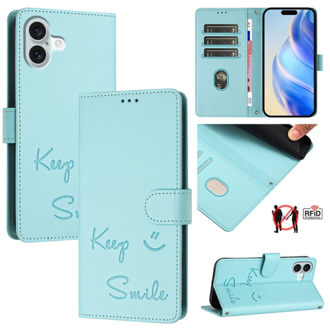 Smile Embossing RFID Leather Phone Case, For iPhone 18 Pro / 17 Pro, For iPhone 18 Pro Max / 17 Pro Max, For iPhone 17, For iPhone Air, For iPhone SE 2024, For iPhone 16 Pro Max, For iPhone 16 Pro, For iPhone 16 Plus