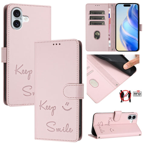 Smile Embossing RFID Leather Phone Case, For iPhone 18 Pro / 17 Pro, For iPhone 18 Pro Max / 17 Pro Max, For iPhone 17, For iPhone Air, For iPhone SE 2024, For iPhone 16 Pro Max, For iPhone 16 Pro, For iPhone 16 Plus
