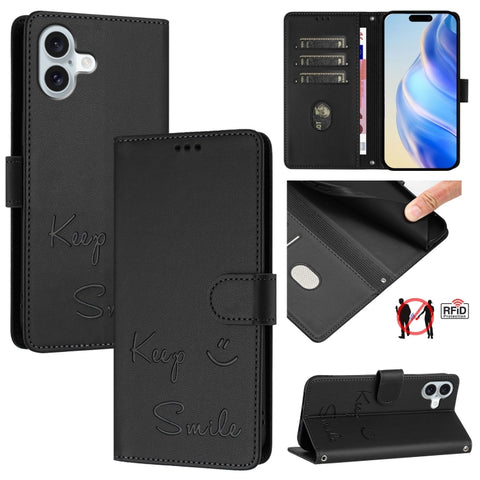 Smile Embossing RFID Leather Phone Case, For iPhone 18 Pro / 17 Pro, For iPhone 18 Pro Max / 17 Pro Max, For iPhone 17, For iPhone Air, For iPhone SE 2024, For iPhone 16 Pro Max, For iPhone 16 Pro, For iPhone 16 Plus