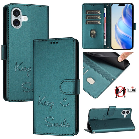 Smile Embossing RFID Leather Phone Case, For iPhone 18 Pro / 17 Pro, For iPhone 18 Pro Max / 17 Pro Max, For iPhone 17, For iPhone Air, For iPhone SE 2024, For iPhone 16 Pro Max, For iPhone 16 Pro, For iPhone 16 Plus