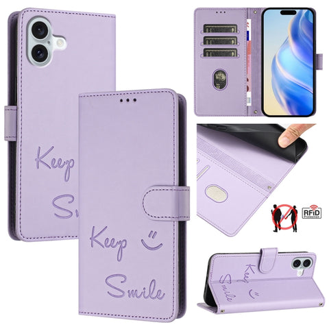 Smile Embossing RFID Leather Phone Case, For iPhone 18 Pro / 17 Pro, For iPhone 18 Pro Max / 17 Pro Max, For iPhone 17, For iPhone Air, For iPhone SE 2024, For iPhone 16 Pro Max, For iPhone 16 Pro, For iPhone 16 Plus