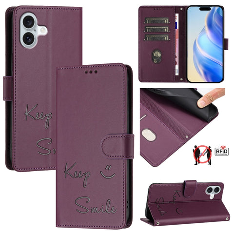 Smile Embossing RFID Leather Phone Case, For iPhone 18 Pro / 17 Pro, For iPhone 18 Pro Max / 17 Pro Max, For iPhone 17, For iPhone Air, For iPhone SE 2024, For iPhone 16 Pro Max, For iPhone 16 Pro, For iPhone 16 Plus