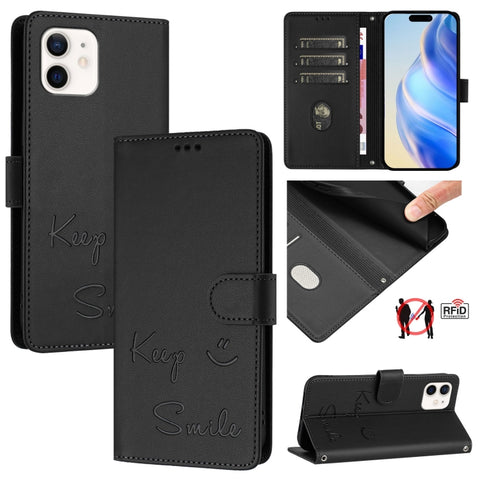 Smile Embossing RFID Leather Phone Case, For iPhone 14 Pro Max, For iPhone SE 2022 / 2020 / 8 / 7, For iPhone 13 Pro Max, For iPhone 13 Pro, For iPhone 13 mini, For iPhone 12 / 12 Pro, For iPhone 12 Pro Max, For iPhone 12 mini