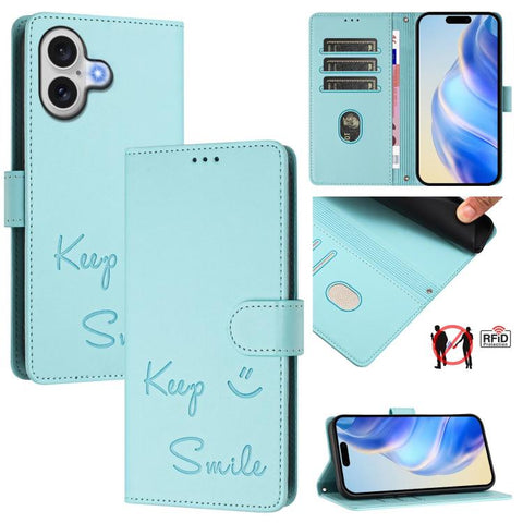 Smile Embossing RFID Leather Phone Case, For iPhone 18 Pro / 17 Pro, For iPhone 18 Pro Max / 17 Pro Max, For iPhone 17, For iPhone Air, For iPhone SE 2024, For iPhone 16 Pro Max, For iPhone 16 Pro, For iPhone 16 Plus