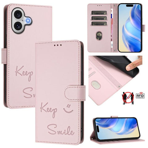 Smile Embossing RFID Leather Phone Case, For iPhone 18 Pro / 17 Pro, For iPhone 18 Pro Max / 17 Pro Max, For iPhone 17, For iPhone Air, For iPhone SE 2024, For iPhone 16 Pro Max, For iPhone 16 Pro, For iPhone 16 Plus