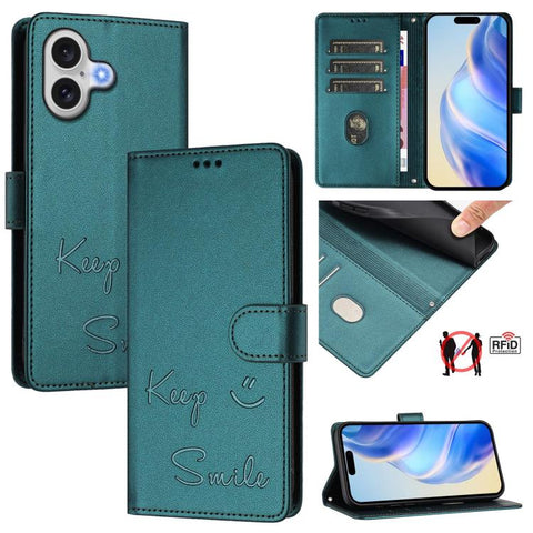 Smile Embossing RFID Leather Phone Case, For iPhone 18 Pro / 17 Pro, For iPhone 18 Pro Max / 17 Pro Max, For iPhone 17, For iPhone Air, For iPhone SE 2024, For iPhone 16 Pro Max, For iPhone 16 Pro, For iPhone 16 Plus