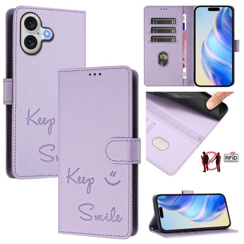 Smile Embossing RFID Leather Phone Case, For iPhone 18 Pro / 17 Pro, For iPhone 18 Pro Max / 17 Pro Max, For iPhone 17, For iPhone Air, For iPhone SE 2024, For iPhone 16 Pro Max, For iPhone 16 Pro, For iPhone 16 Plus