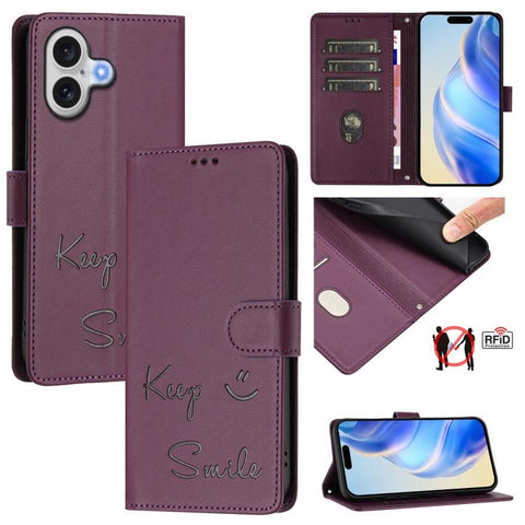 Smile Embossing RFID Leather Phone Case, For iPhone 18 Pro / 17 Pro, For iPhone 18 Pro Max / 17 Pro Max, For iPhone 17, For iPhone Air, For iPhone SE 2024, For iPhone 16 Pro Max, For iPhone 16 Pro, For iPhone 16 Plus