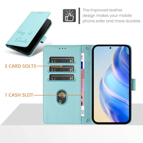 Smile Embossing RFID Leather Phone Case, For iPhone 18 Pro / 17 Pro, For iPhone 18 Pro Max / 17 Pro Max, For iPhone 17, For iPhone Air, For iPhone SE 2024, For iPhone 16 Pro Max, For iPhone 16 Pro, For iPhone 16 Plus