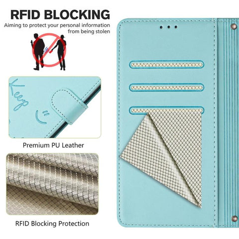 Smile Embossing RFID Leather Phone Case, For iPhone 18 Pro / 17 Pro, For iPhone 18 Pro Max / 17 Pro Max, For iPhone 17, For iPhone Air, For iPhone SE 2024, For iPhone 16 Pro Max, For iPhone 16 Pro, For iPhone 16 Plus