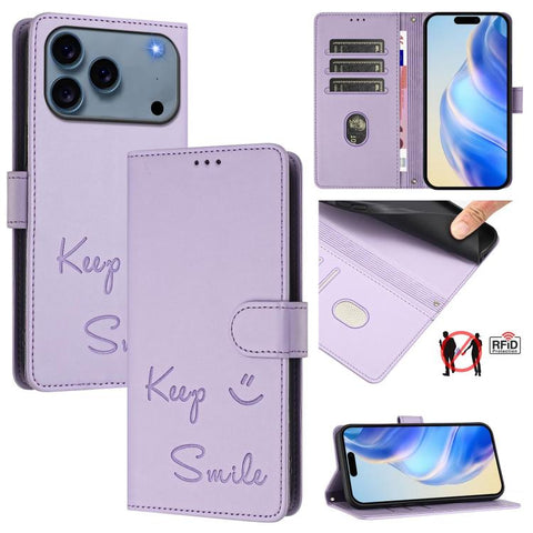 Smile Embossing RFID Leather Phone Case, For iPhone 18 Pro / 17 Pro, For iPhone 18 Pro Max / 17 Pro Max, For iPhone 17, For iPhone Air, For iPhone SE 2024, For iPhone 16 Pro Max, For iPhone 16 Pro, For iPhone 16 Plus