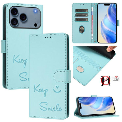 Smile Embossing RFID Leather Phone Case, For iPhone 18 Pro / 17 Pro, For iPhone 18 Pro Max / 17 Pro Max, For iPhone 17, For iPhone Air, For iPhone SE 2024, For iPhone 16 Pro Max, For iPhone 16 Pro, For iPhone 16 Plus