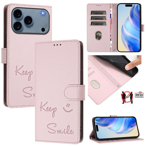 Smile Embossing RFID Leather Phone Case, For iPhone 18 Pro / 17 Pro, For iPhone 18 Pro Max / 17 Pro Max, For iPhone 17, For iPhone Air, For iPhone SE 2024, For iPhone 16 Pro Max, For iPhone 16 Pro, For iPhone 16 Plus