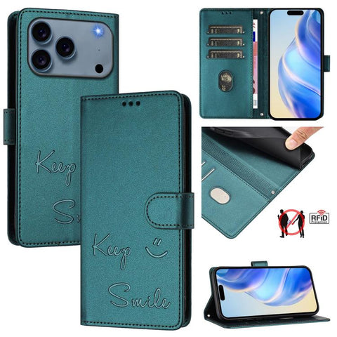Smile Embossing RFID Leather Phone Case, For iPhone 18 Pro / 17 Pro, For iPhone 18 Pro Max / 17 Pro Max, For iPhone 17, For iPhone Air, For iPhone SE 2024, For iPhone 16 Pro Max, For iPhone 16 Pro, For iPhone 16 Plus